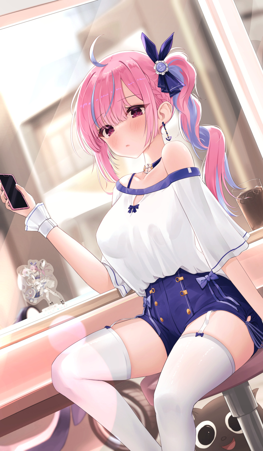1girl, absurdres, ahoge, alternate_costume, baggy_clothes, blue_hair, braid, braided_ponytail