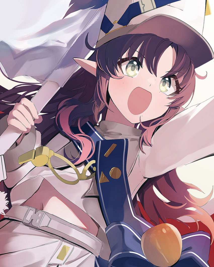 1girl, apple, arknights, blue_sash, drum_major, dwarf, flag, food