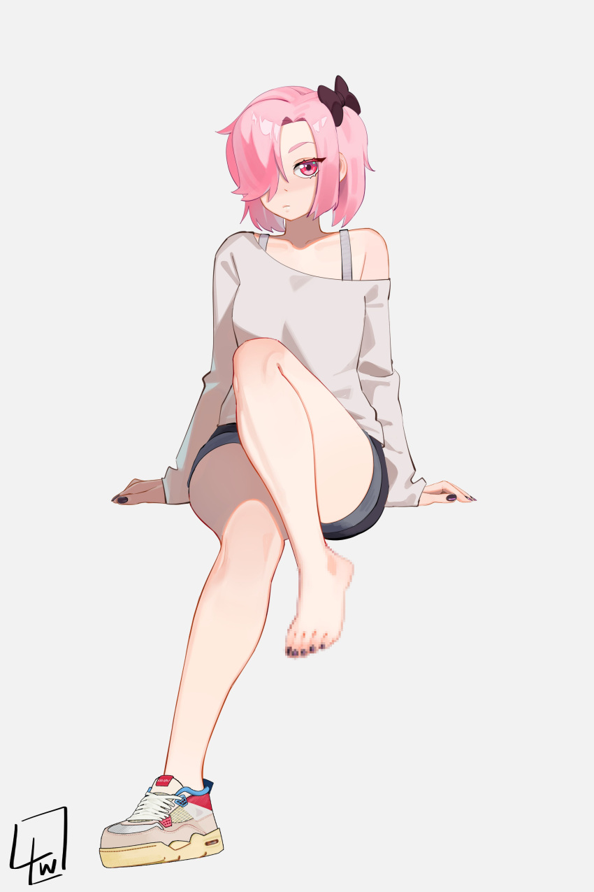 1girl, absurdres, bare_shoulders, barefoot, black_bow, black_nails, bow, censored