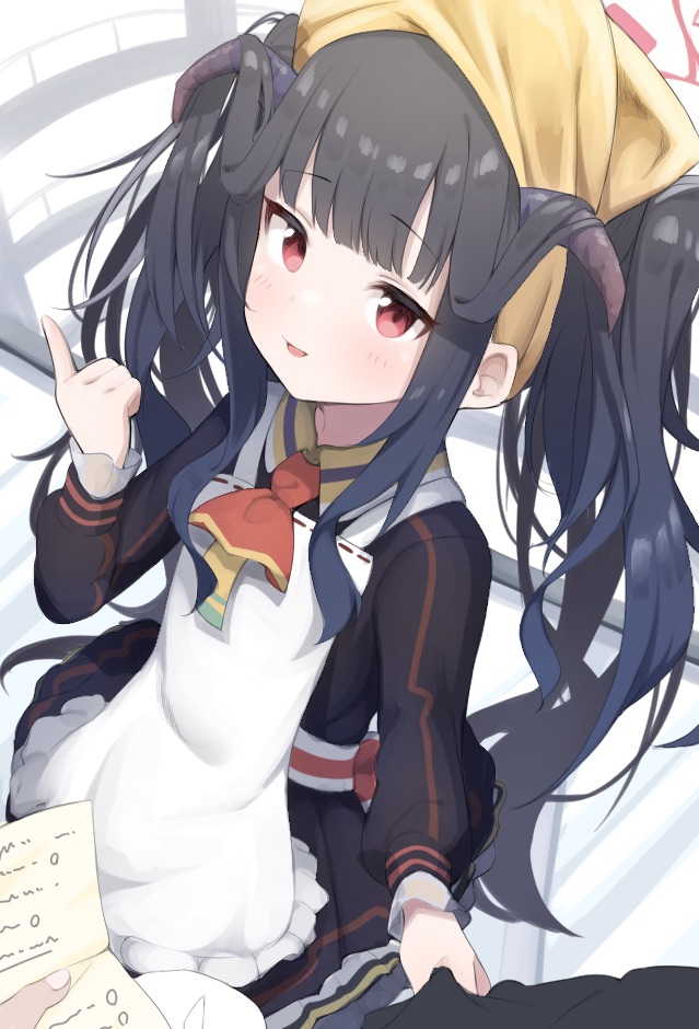 1girl, apron, black_horns, blue_archive, collared_dress, demon_horns, dress, frilled_apron, frilled_sleeves, frills, fuuka_(blue_archive), halo, head_scarf, horns, ikisugi_shokudou, looking_at_viewer, necktie, purple_hair, red_eyes, smile