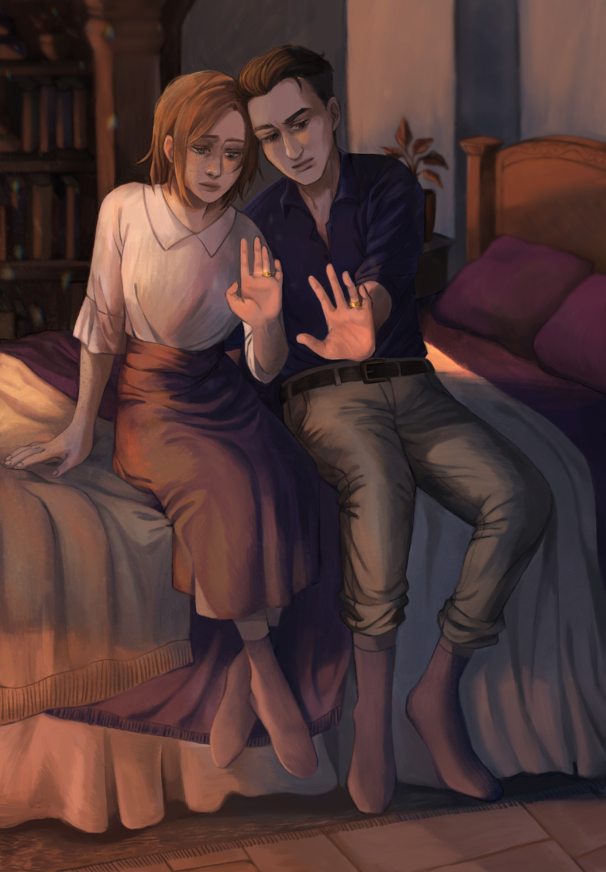 1boy, 1girl, bed, bedroom, belt, belt_buckle, blanket, blue_shirt, bookshelf, brown_hair, brown_skirt, capella, freckles, grey_pants, grey_socks, jewelry, khan, lavendar_wedding, looking_at_hand, magicky-hands, marriage, mistress_(pathologic), pants_rolled_up, pathologic, pathologic_2, pillow, plant, redhead, sad, sitting, sitting_on_bed, termites, wedding, wedding_band, white_shirt