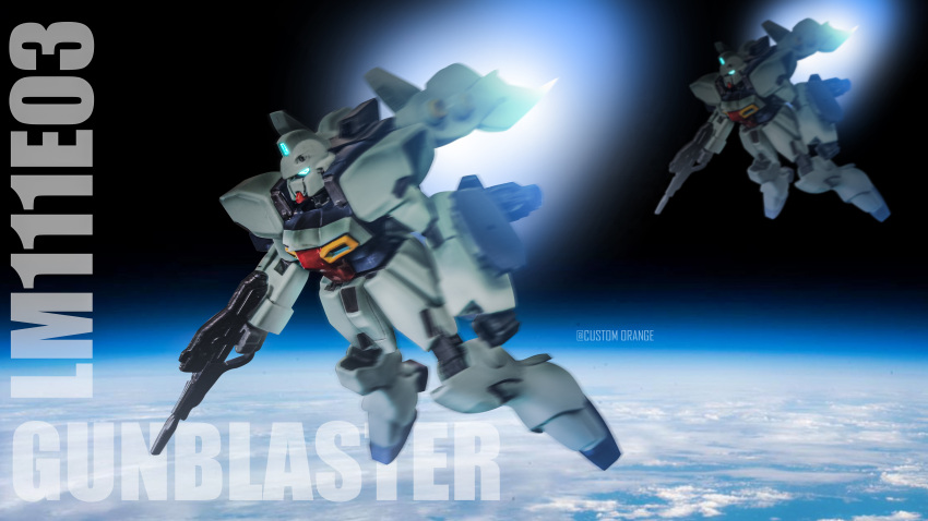 absurdres, beam_rifle, clouds, earth_(planet), energy_gun, flying, glowing, glowing_eyes, gun, gun_blastor, gundam, highres, holding, holding_gun, holding_weapon, mecha, mobile_suit_gundam, planet, rifle, rippi_kuriya, space, victory_gundam, weapon