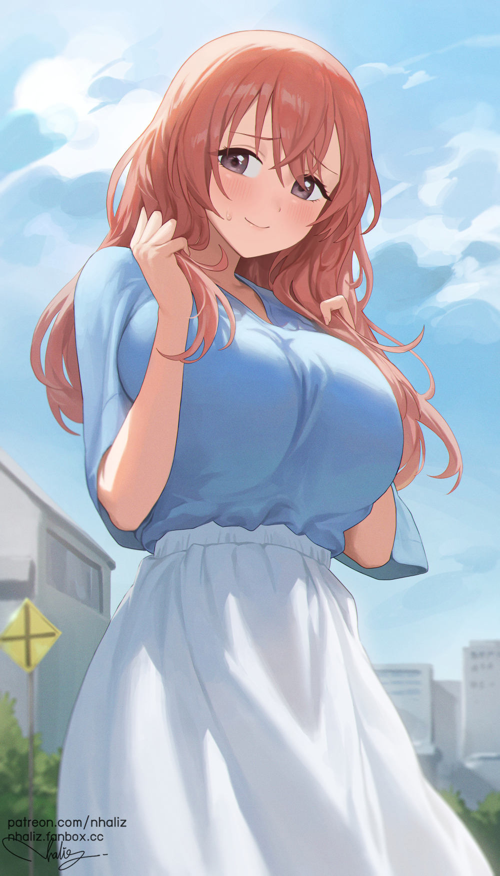 1girl, artist_name, bangs, blue_shirt, blush, breast_squeeze, breasts, brown_eyes, clouds, cloudy_sky, commentary, cowboy_shot, fanbox_username, furrowed_brow, hair_between_eyes, hands_up, high-waist_skirt, highres, huge_breasts, inui_shinju, long_hair, looking_at_viewer, nhaliz, outdoors, patreon_username, pink_hair, shirt, signature, skirt, sky, smile, solo, sono_bisque_doll_wa_koi_wo_suru, standing, sweatdrop, web_address, white_skirt