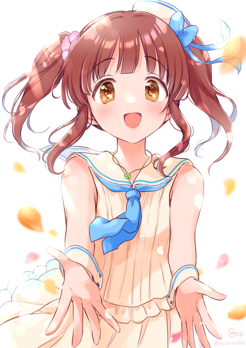 1girl, :d, bangs, blooming_days_(idolmaster), blue_neckerchief, blunt_bangs, blurry, blurry_foreground