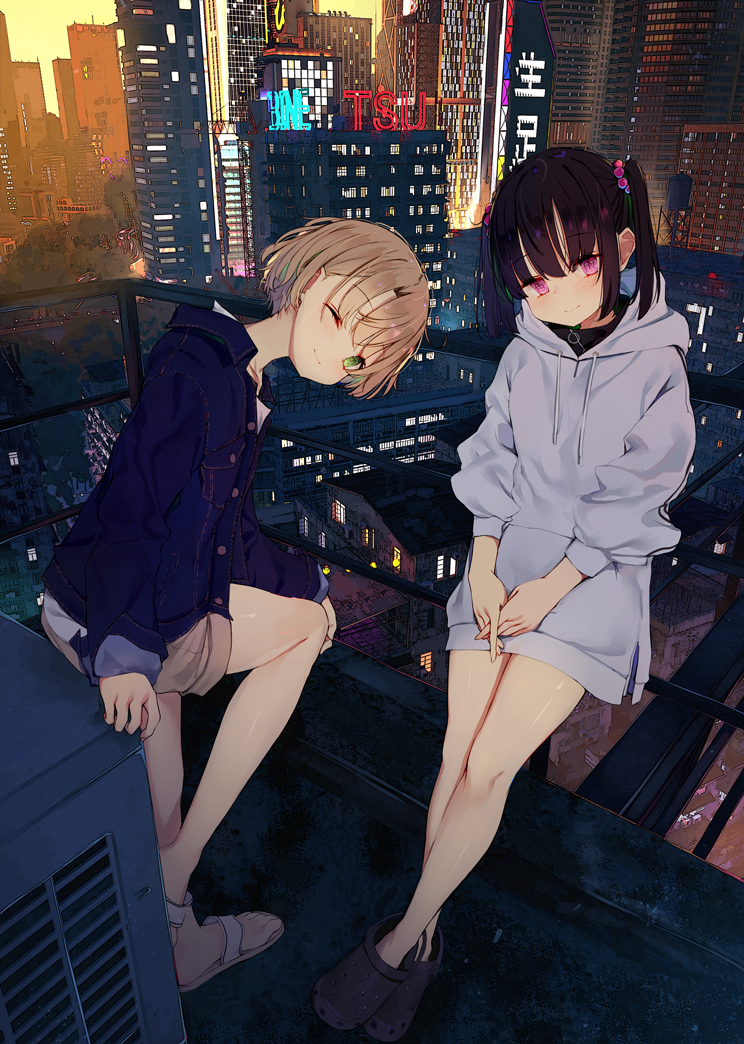 2girls, air_conditioner, balcony, bangs, bare_legs, black_footwear, black_hair, black_shirt