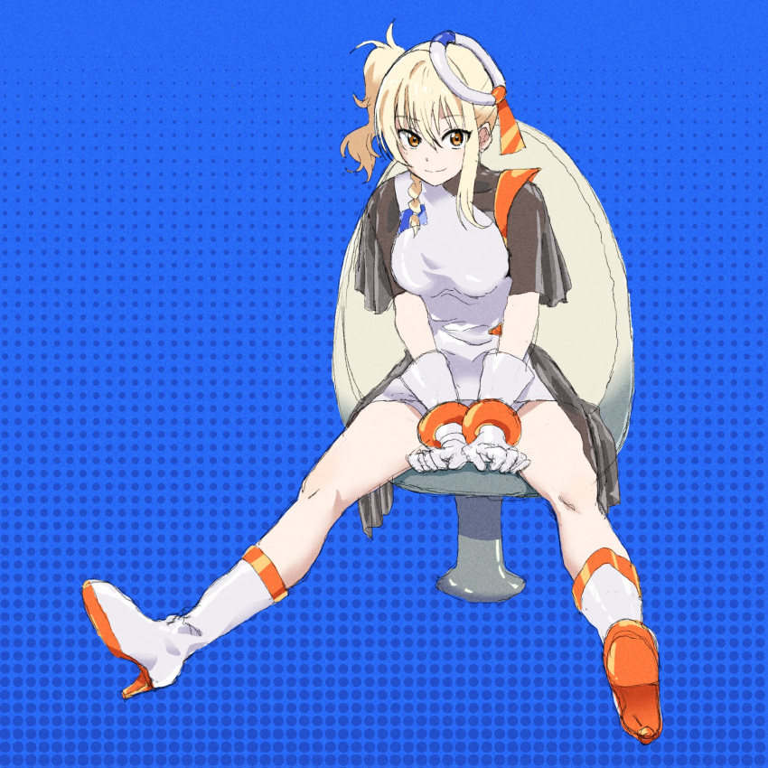blonde_hair, blue_background, braid, dress, eternal_light_(love_live!), french_braid, fukkun_(fukkunmania), gloves, gyaru, highres, love_live!, love_live!_nijigasaki_high_school_idol_club, medium_hair, miyashita_ai, orange_eyes, polka_dot, polka_dot_background, short_ponytail, side_ponytail, sidelocks, sitting, white_dress, white_footwear, white_gloves, white_headwear, yellow_eyes