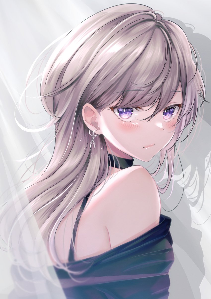 1girl, absurdres, back, bangs, blue_skirt, blush, choker, closed_mouth