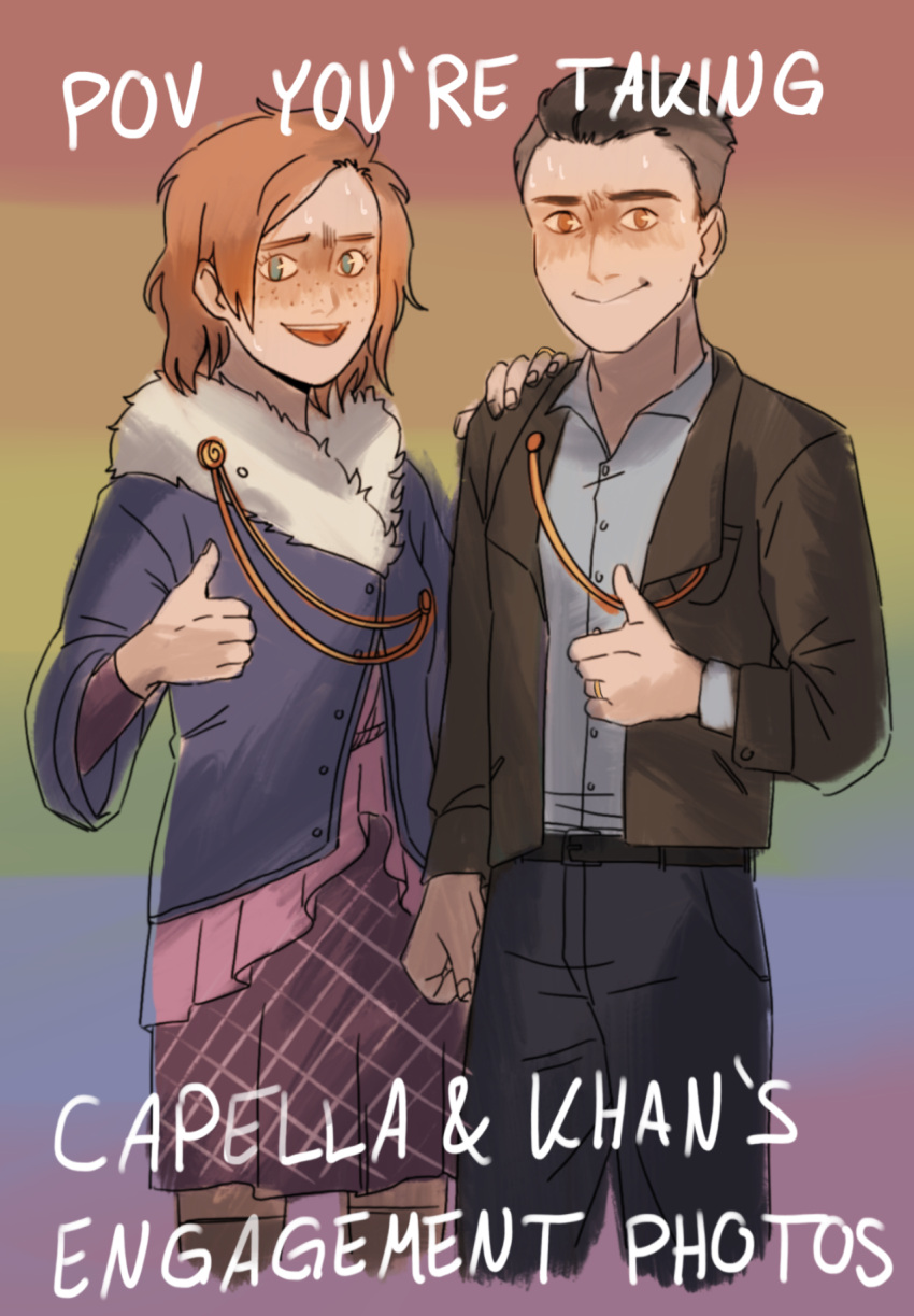1boy, 1girl, awkward, belt, black_pants, blue_jacket, blue_shirt, brown_hair