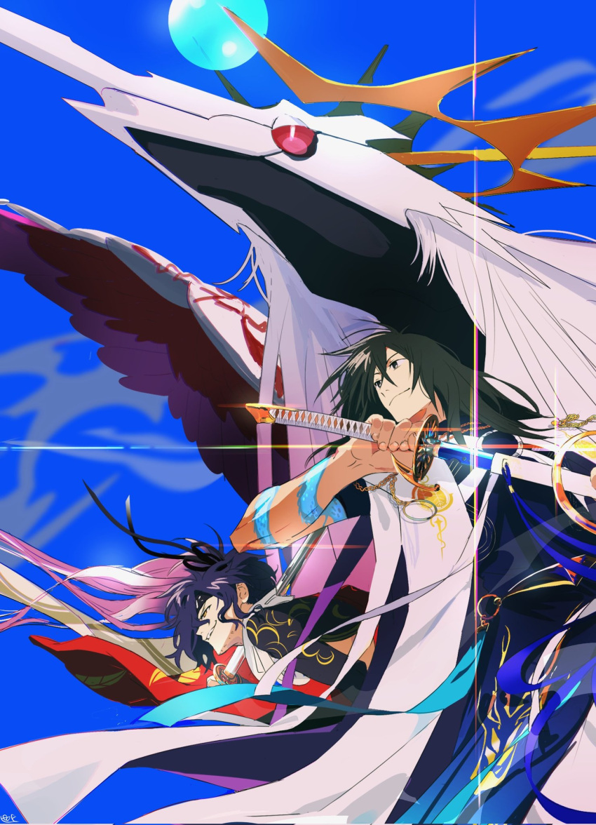 2boys, alternate_costume, arm_tattoo, bangs, black_hair, blue_background, closed_mouth, dragon