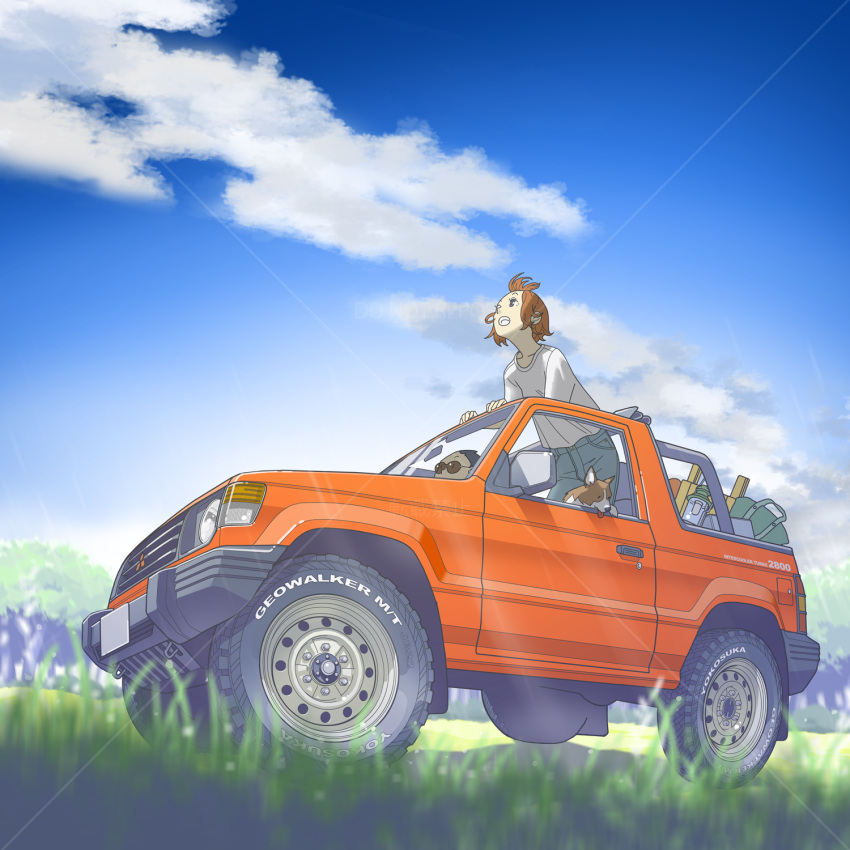 1girl, 1other, brown_hair, car, clouds, cloudy_sky, denim, driving