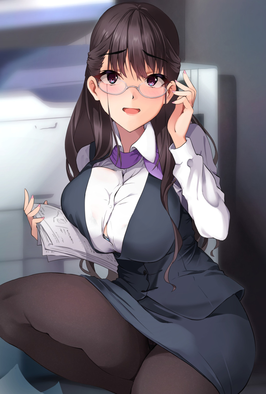 1girl, absurdres, bra, bra_peek, breasts, brown_hair, fate/grand_order, fate_(series), fingernails, glasses, highres, large_breasts, long_hair, murasaki_shikibu_(fate), murasaki_shikibu_(good_job!)_(fate), office_lady, pantyhose, paper, sezok, squatting, underwear, violet_eyes