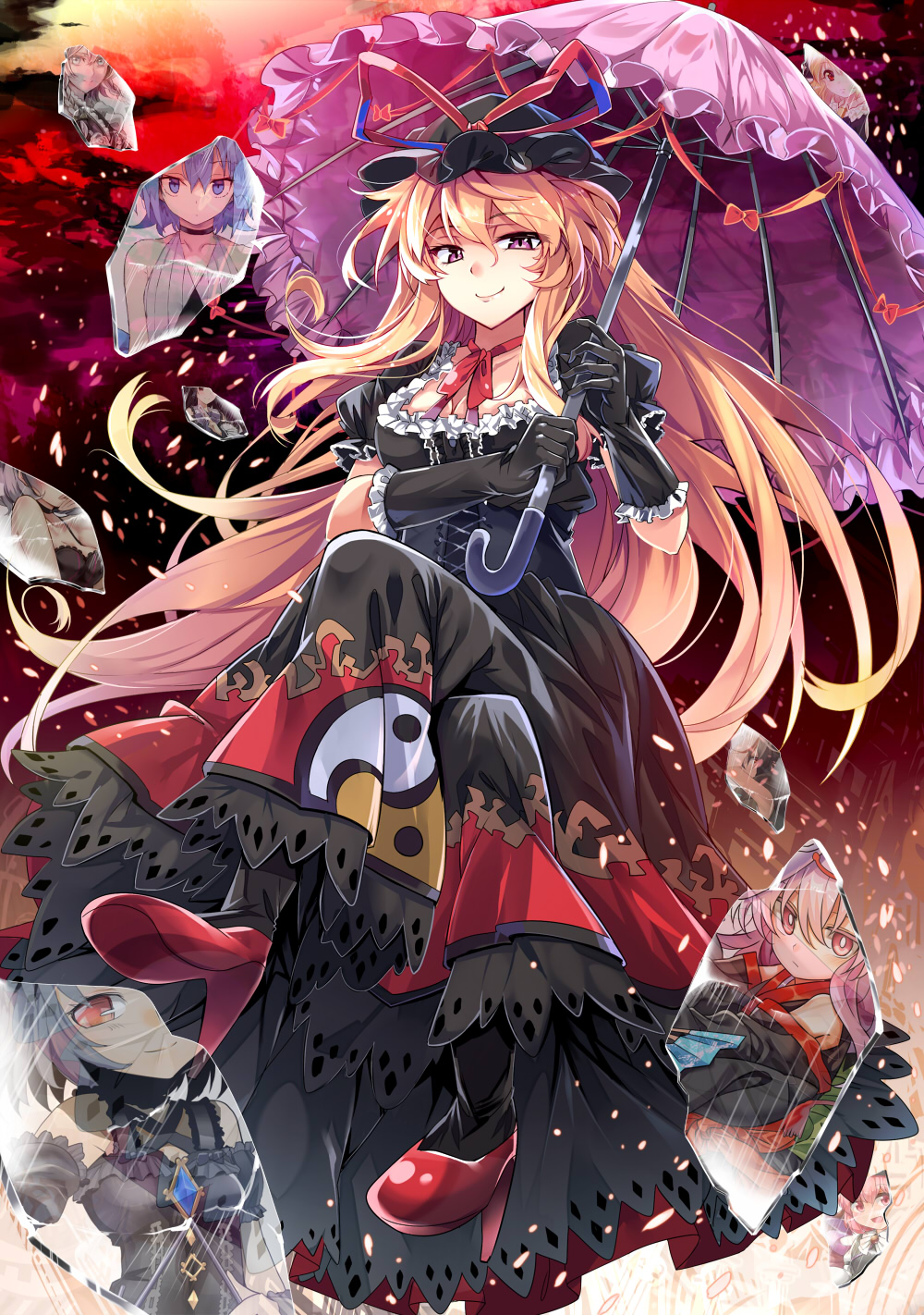 1girl, alternate_color, alternate_costume, black_dress, black_gloves, black_headwear, blonde_hair, choker