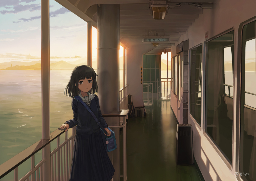 1girl, 8sets, artist_name, bag, black_hair, blue_cardigan, blue_skirt, blue_sky