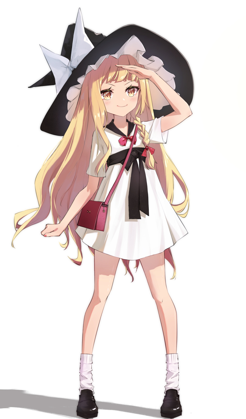 1girl, absurdres, alternate_costume, bag, black_footwear, black_sash, blonde_hair, bow