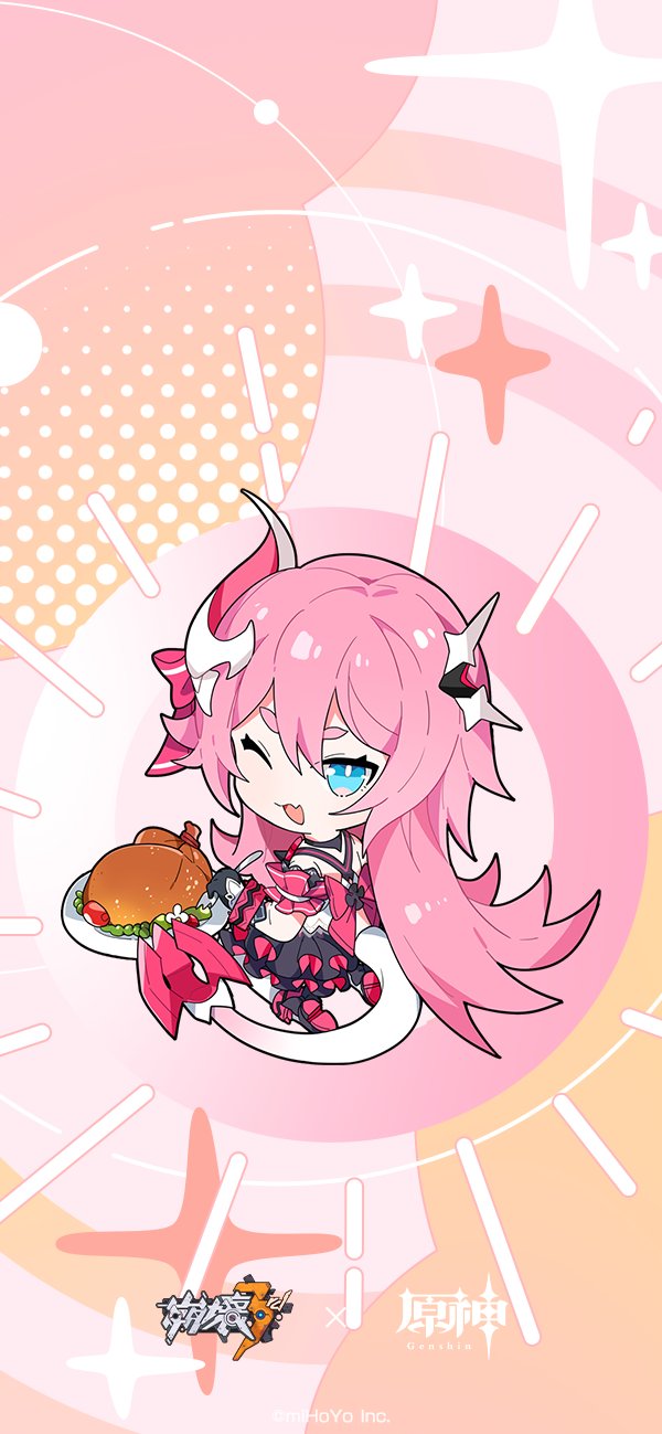 1girl, blue_eyes, chibi, genshin_impact, hair_ornament, highres, honkai_(series), honkai_impact_3rd