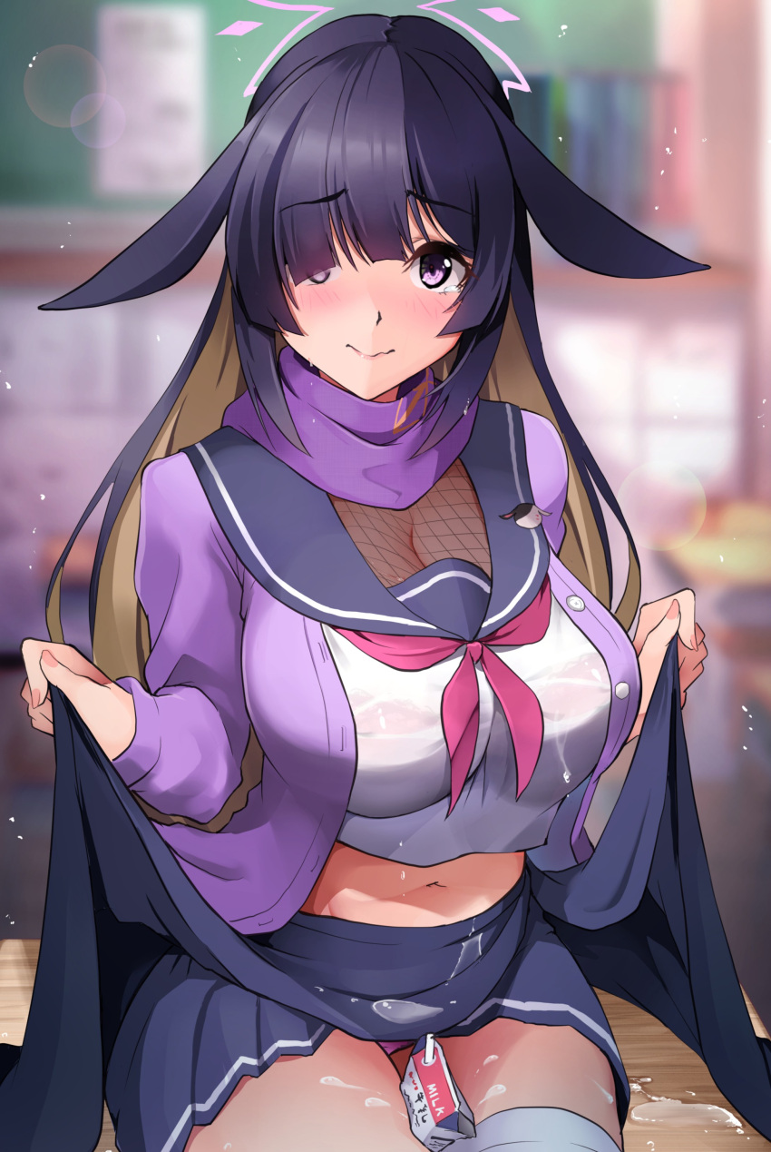 1girl, absurdres, animal_ears, asymmetrical_bangs, bangs, black_hair, blonde_hair, blue_archive