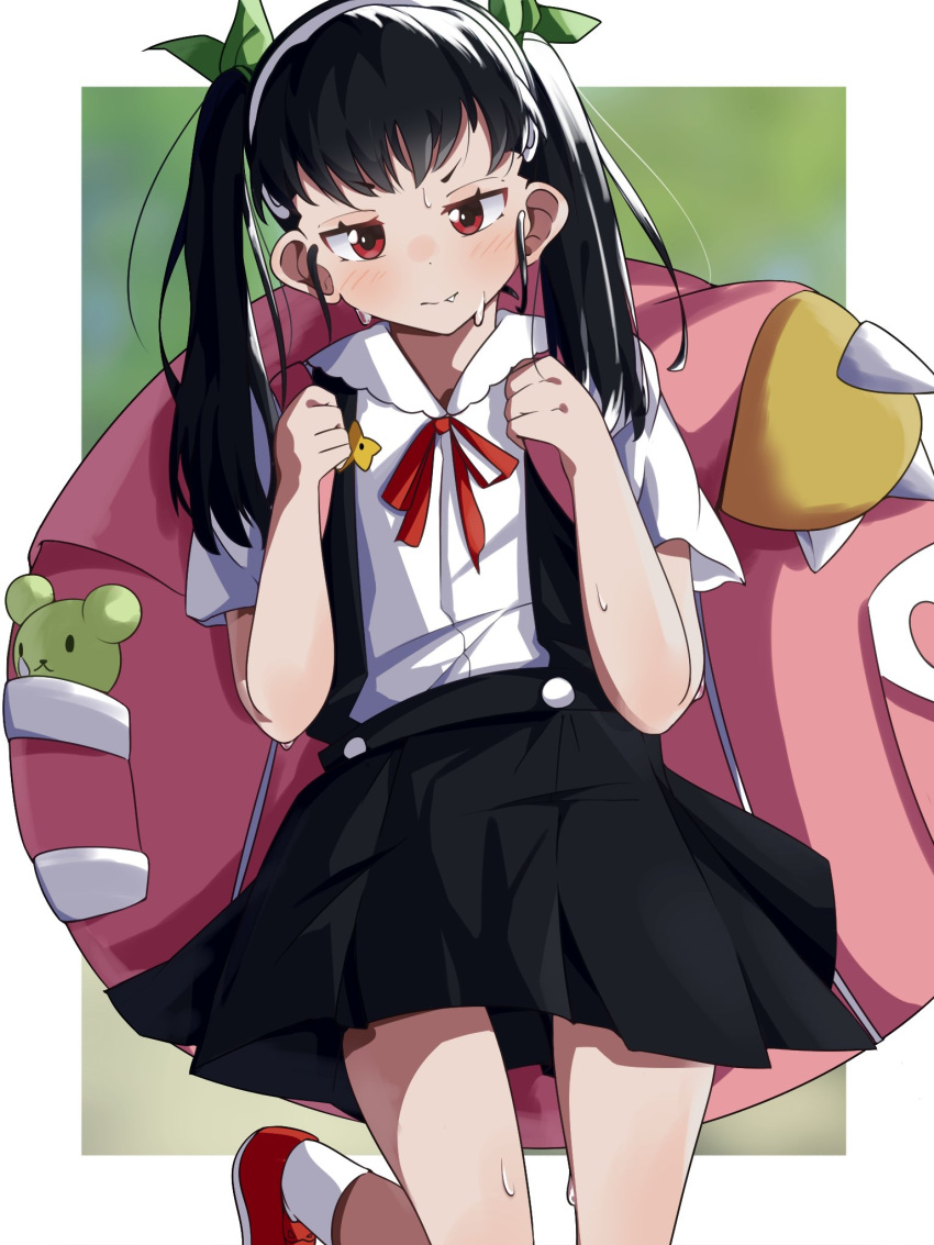 1girl, backpack, bag, bakemonogatari, black_hair, fang, hachikuji_mayoi, hairband, highres, looking_at_viewer, monogatari_(series), norinori0328061, pleated_skirt, red_eyes, ribbon, shirt, skirt, socks, solo, star_(symbol), stuffed_animal, stuffed_toy, suspender_skirt, suspenders, sweat, sweatdrop, twintails
