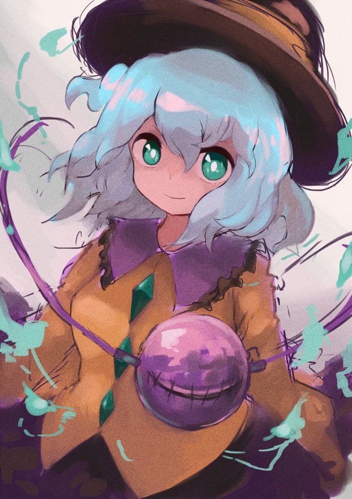 1girl, bangs, blouse, blue_hair, bright_pupils, buttons, commentary, diamond_button, frilled_shirt_collar, frills, green_eyes, hair_between_eyes, hat, hat_ribbon, koishi_day, komeiji_koishi, long_sleeves, looking_at_viewer, medium_hair, moguru_taberu, purple_skirt, ribbon, shirt, skirt, smile, solo, third_eye, touhou, upper_body, wavy_hair, white_pupils, yellow_ribbon, yellow_shirt