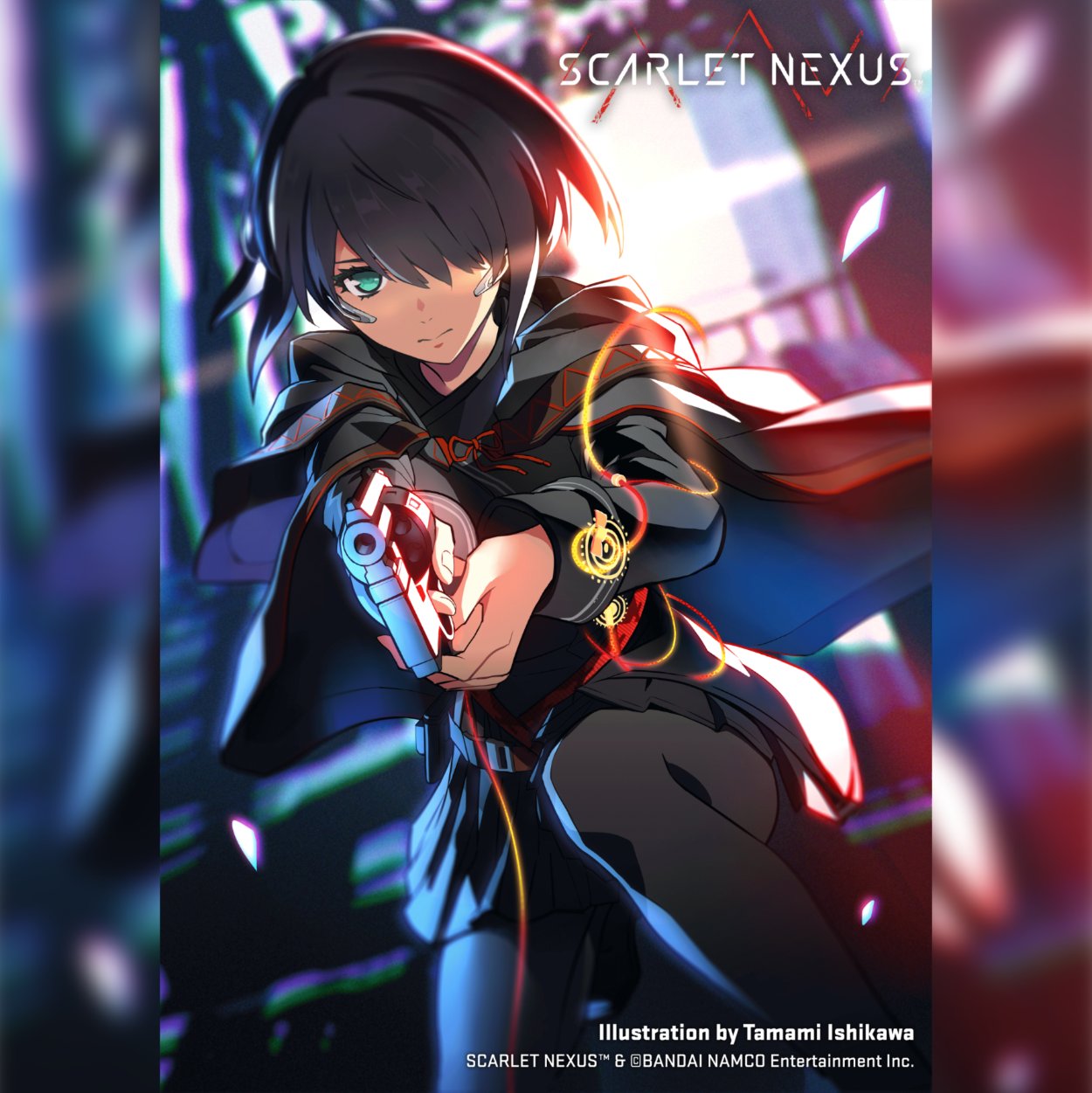 1girl, black_hair, bob_cut, cape, green_eyes, gun, hair_over_one_eye, handgun