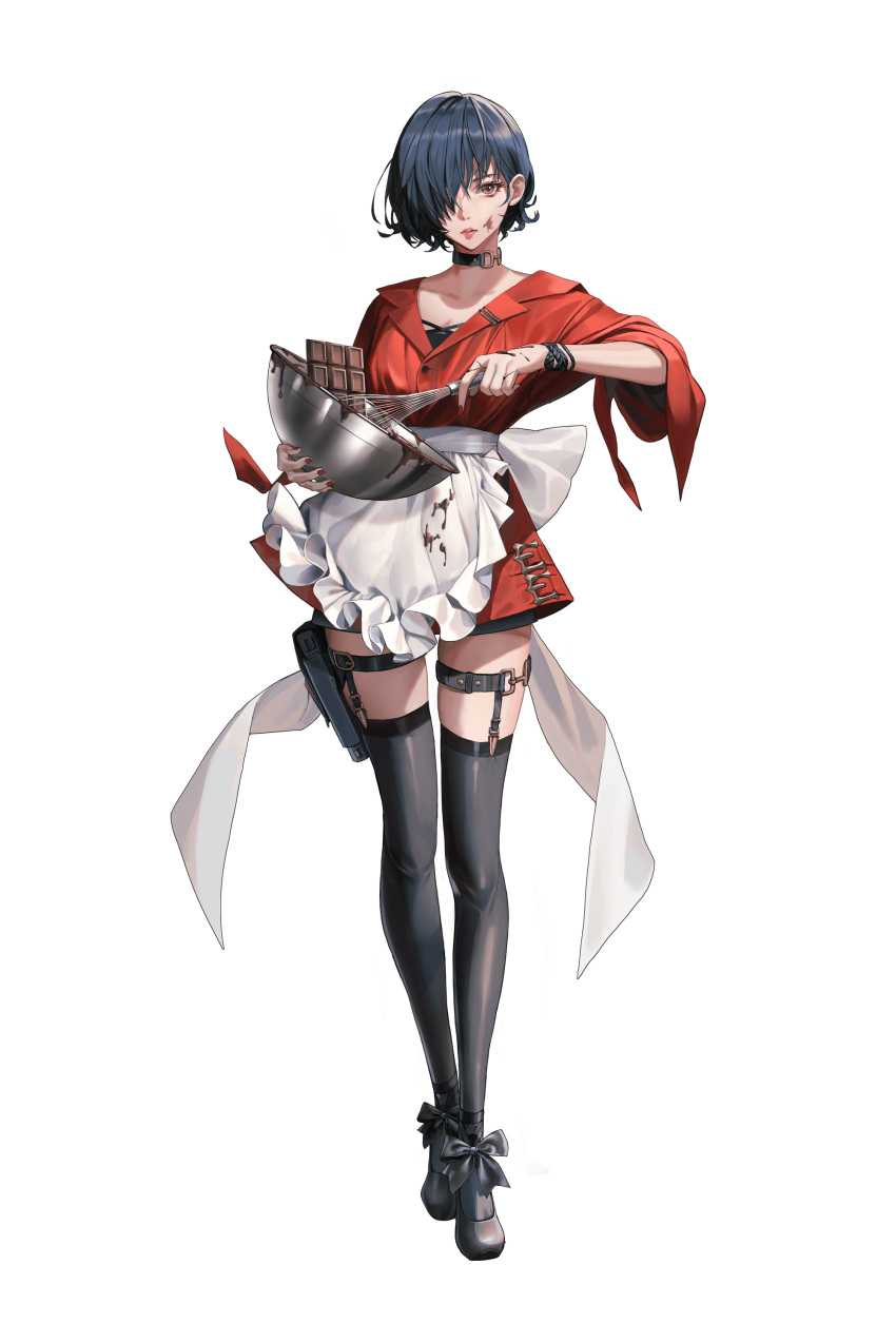 1girl, absurdres, ankle_strap, apron, artist_request, black_footwear, black_legwear, black_survival