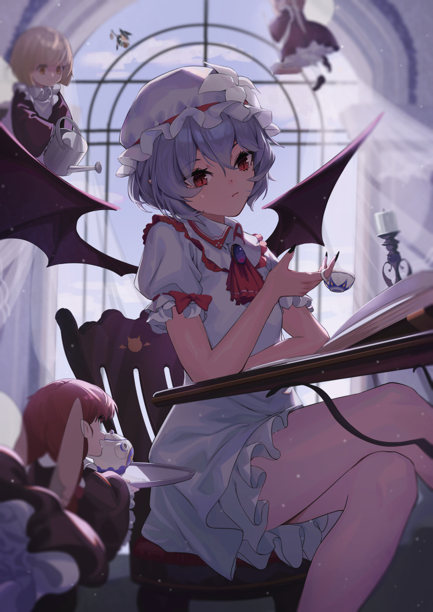 5girls, :/, absurdres, apron, ascot, bat_wings, black_dress, black_nails, blonde_hair, blue_hair, book, brooch, broom, broom_riding, candlestand, chair, closed_mouth, clouds, collared_dress, commentary, crossed_legs, cup, day, dress, fairy_maid_(touhou), fairy_wings, fang, fingernails, flying, fuwafuwa4560, hair_between_eyes, hat, highres, holding, holding_cup, holding_plate, holding_watering_can, jewelry, kirisame_marisa, long_hair, looking_at_object, looking_down, maid_apron, mob_cap, multiple_girls, nail_polish, on_chair, open_book, plate, puffy_short_sleeves, puffy_sleeves, red_ascot, red_eyes, redhead, remilia_scarlet, short_hair, short_sleeves, sitting, sky, slit_pupils, table, teacup, teapot, touhou, watering_can, white_dress, white_headwear, window, wings