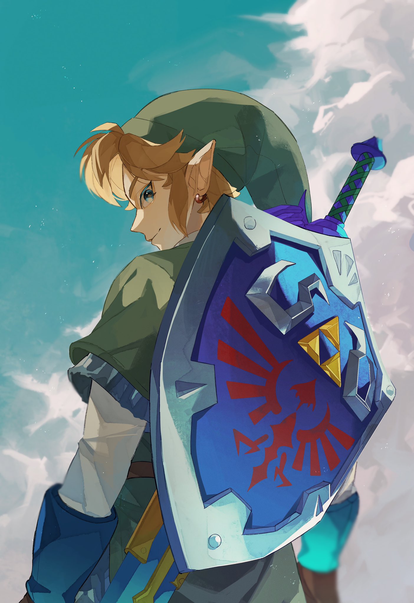 1boy, blonde_hair, blue_eyes, blue_sky, clouds, cloudy_sky, commentary_request, day