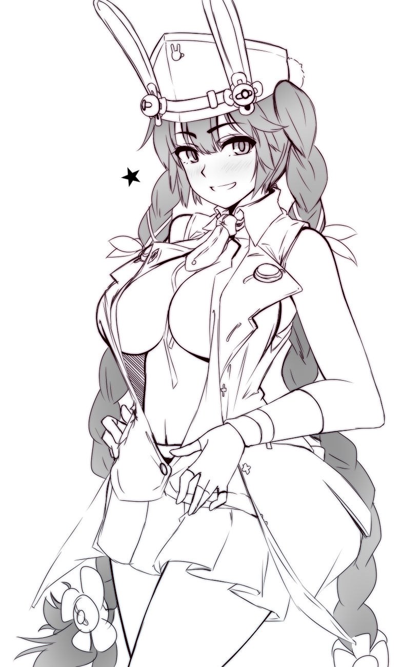 1girl, alternate_breast_size, bad_id, bad_pixiv_id, blush, braid, breasts, cowboy_shot