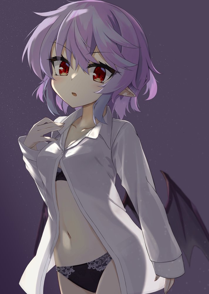 1girl, akisome_hatsuka, bangs, bat_wings, black_background, black_bra, black_panties, bra