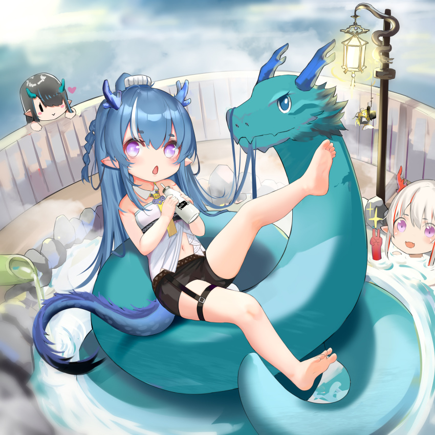 3girls, :o, absurdres, animalization, arknights, bangs, bare_shoulders, barefoot