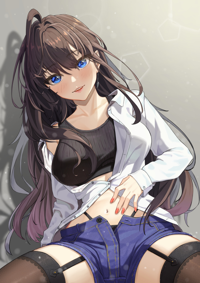 1girl, absurdres, ahoge, bangom_r, bangs, black_bra, blue_eyes, blush