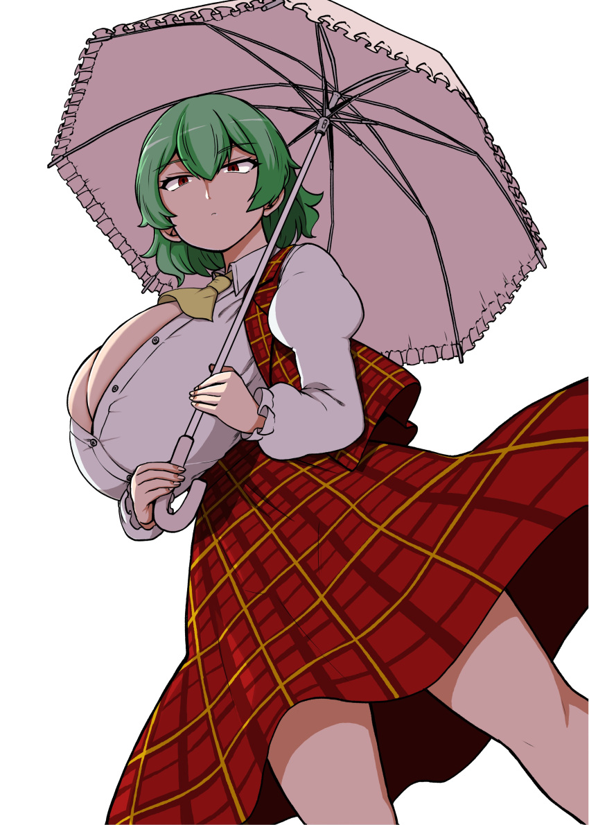 1girl, absurdres, ascot, breasts, green_hair, highres, himajin_noizu, huge_breasts, kazami_yuuka, open_clothes, open_vest, parasol, plaid, plaid_skirt, plaid_vest, red_eyes, red_vest, simple_background, skirt, skirt_set, solo, touhou, umbrella, vest, white_background