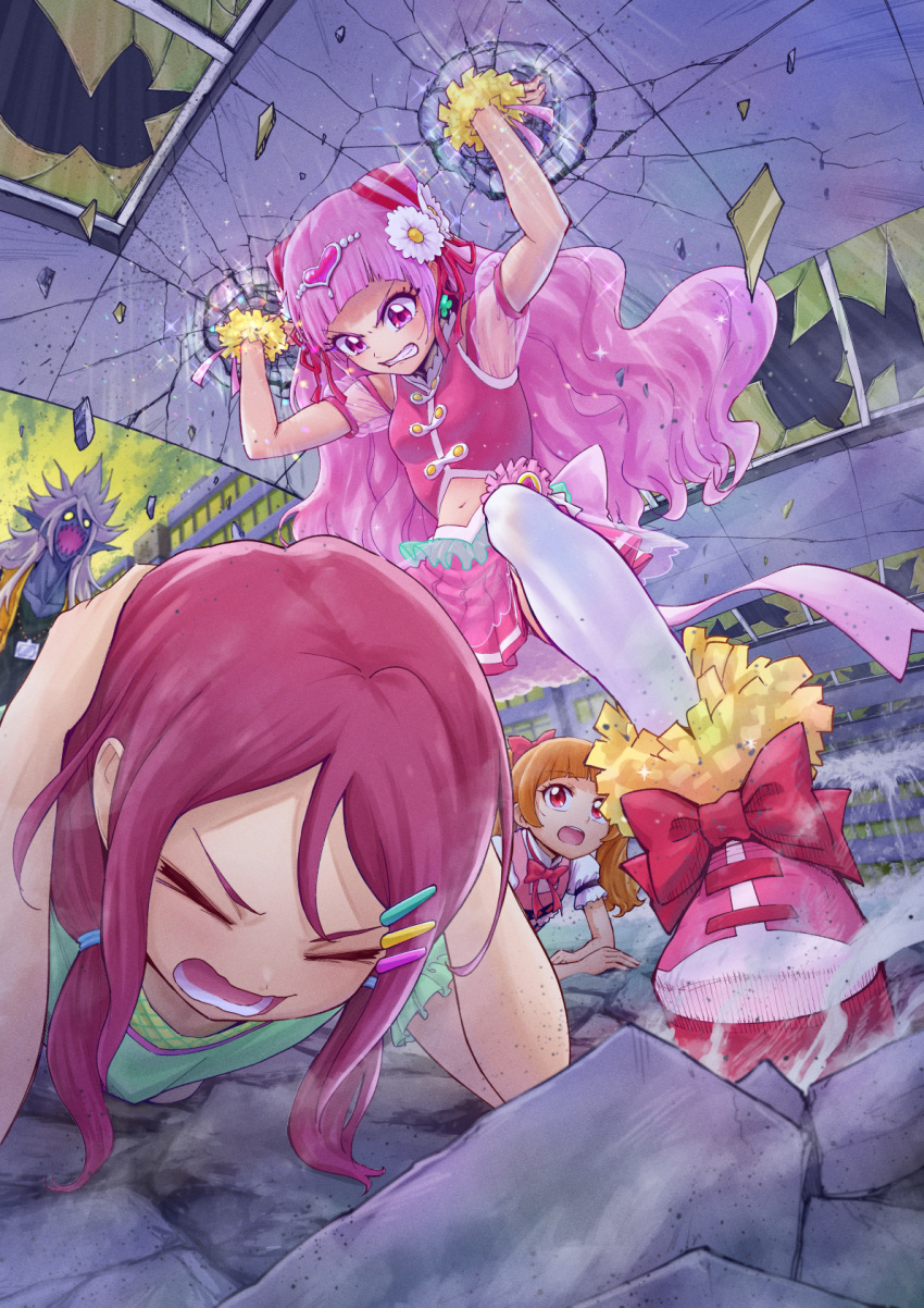3girls, aisaki_emiru, angry, back_bow, bow, brown_hair, charaleet_(precure), clenched_teeth