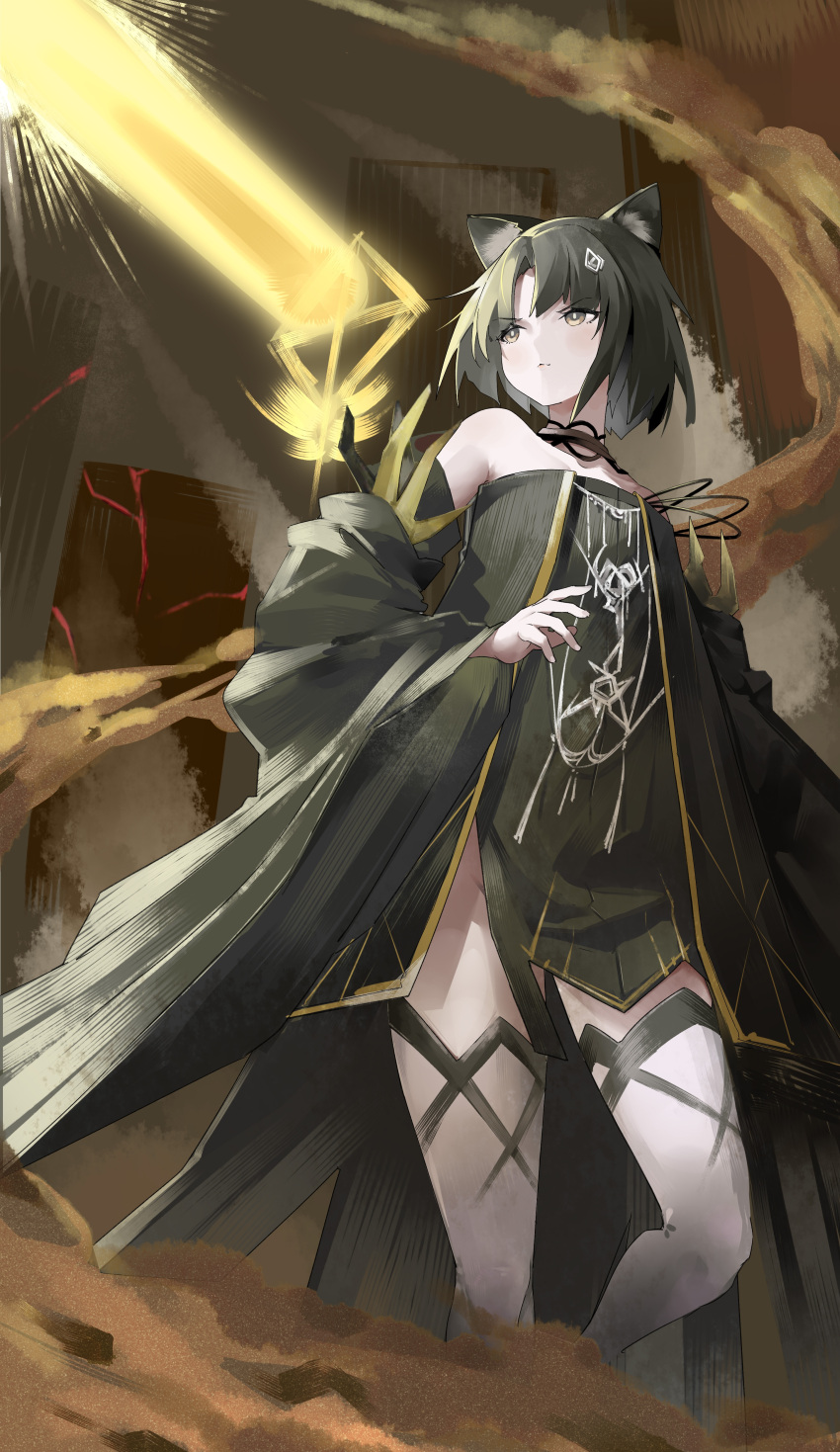 1girl, absurdres, animal_ears, arknights, bangs, bare_shoulders, black_choker, black_dress