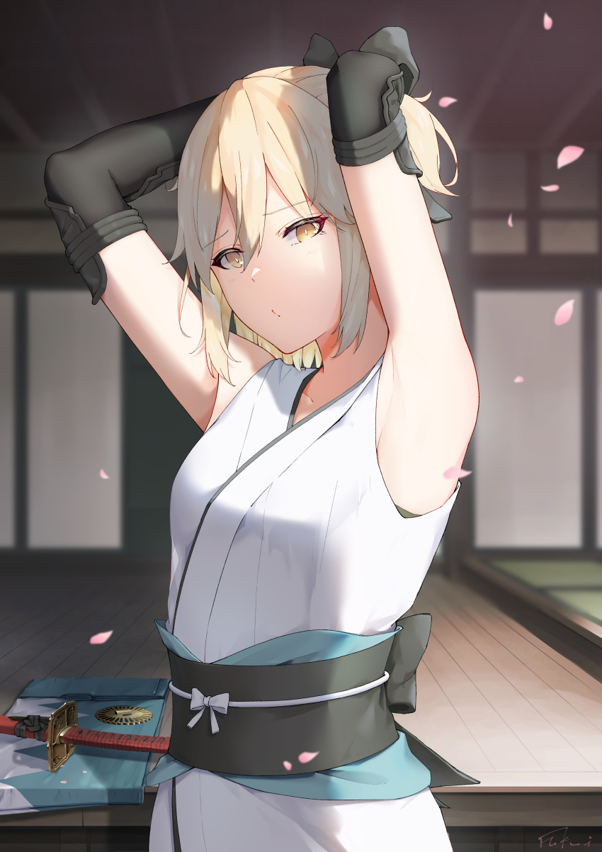 1girl, absurdres, adjusting_hair, armpits, arms_up, bangs, black_bow, blonde_hair, bow, brown_eyes, commentary, eyebrows_visible_through_hair, fate/grand_order, fate_(series), fukuidesu0110, hair_bow, highres, japanese_clothes, katana, kimono, koha-ace, looking_at_viewer, obi, okita_souji_(fate), okita_souji_(koha-ace), petals, sash, shadow, short_hair, short_ponytail, sleeveless, sleeveless_kimono, solo, sword, weapon, white_kimono