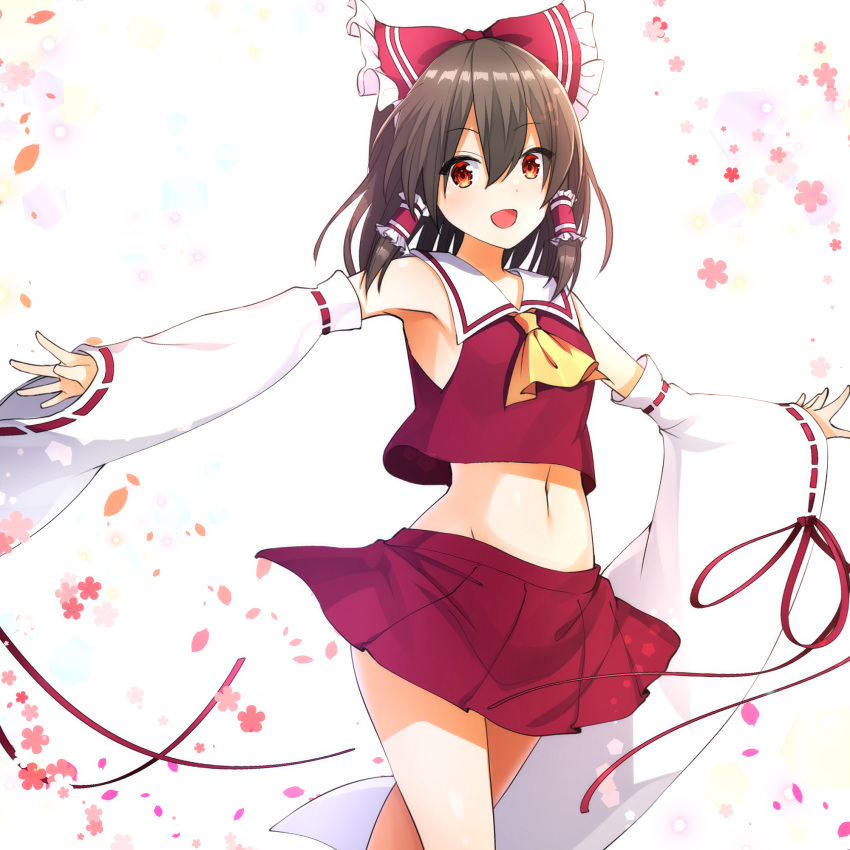1girl, armpits, ascot, bangs, bare_shoulders, bare_thighs, bow, brown_hair, collared_shirt, commentary_request, cowboy_shot, detached_sleeves, frilled_bow, frills, hair_bow, hair_tubes, hakurei_reimu, happy, highres, legs, legs_together, long_sleeves, midriff, miniskirt, navel, nontraditional_miko, open_mouth, outstretched_arms, petals, pleated_miniskirt, pleated_skirt, red_eyes, red_miniskirt, red_skirt, red_vest, ribbon-trimmed_sleeves, ribbon_trim, sea_scorpion_(umisasori), shirt, short_hair, sidelocks, simple_background, skirt, sleeves_past_wrists, stomach, thighs, touhou, upper_body, vest, white_background, wide_sleeves, yellow_ascot