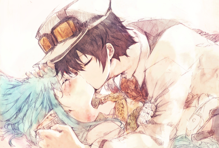 1boy, 1girl, agulo, black_hair, blue_hair, blush, brother_and_sister, closed_eyes, el_mofus_(rance_10), elf, forehead_jewel, goggles, goggles_on_headwear, hetero, highres, incest, kiss, lying, on_back, pointy_ears, rance_(series), rance_10, reset_kalar, siblings, simple_background, sketch, white_background