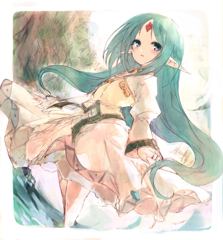 1girl, agulo, bangs, blue_eyes, blue_hair, blush, dress, elf
