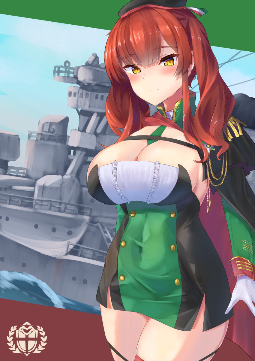 1girl, absurdres, azur_lane, bare_shoulders, between_breasts, black_cape, black_legwear, breasts