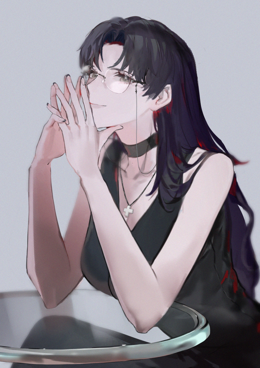 1girl, absurdres, black_choker, black_dress, black_hair, choker, closed_mouth, collarbone, cross, cross_necklace, dress, glasses, grey_background, grey_eyes, highres, jewelry, katsuragi_misato, long_hair, necklace, neon_genesis_evangelion, rimless_eyewear, scupid, sitting, sleeveless, sleeveless_dress, smile, solo, straight_hair, very_long_hair