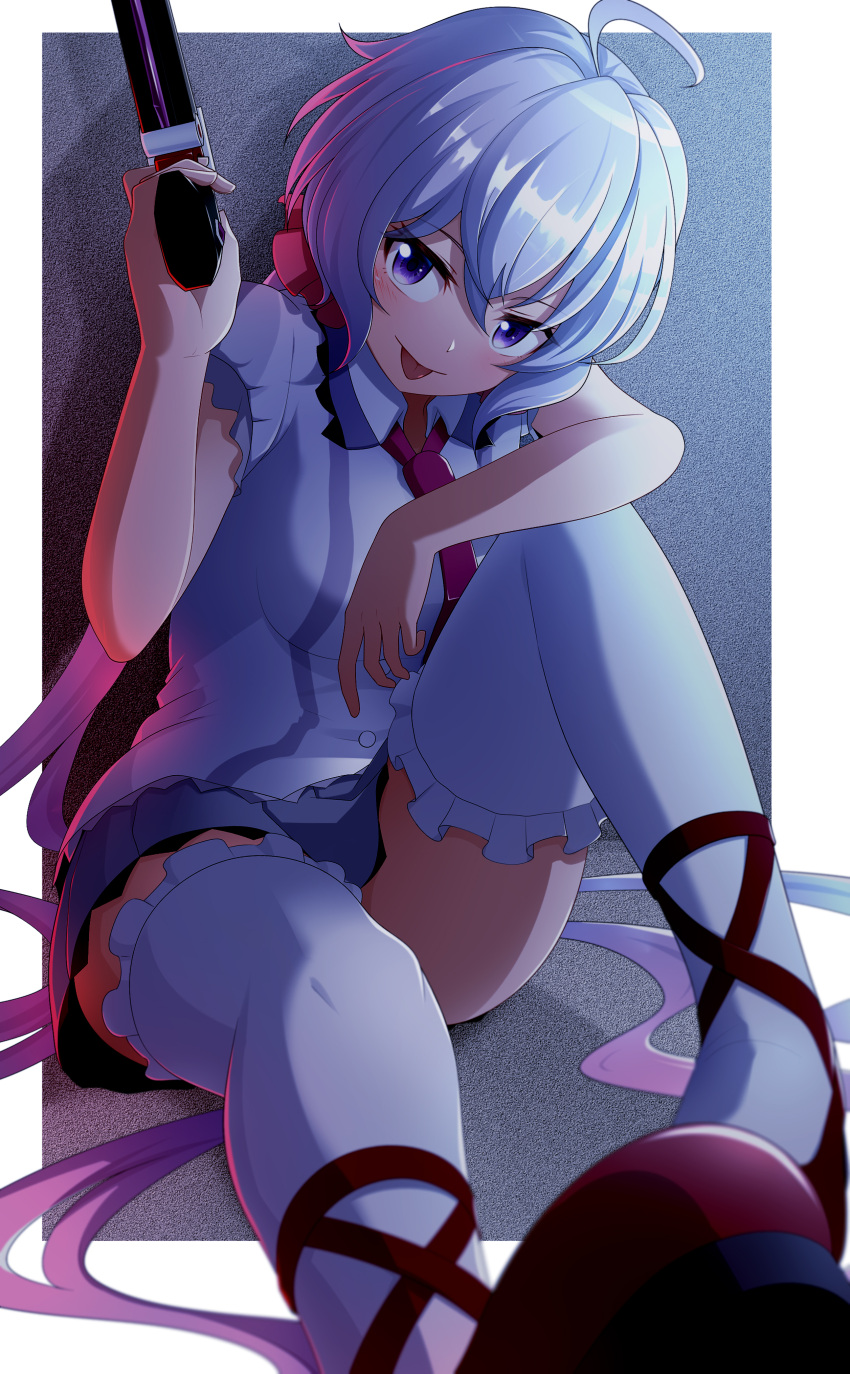 1girl, absurdres, ahoge, bangs, blue_eyes, breasts, eyebrows_visible_through_hair, frilled_legwear