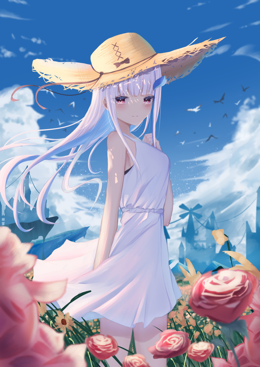 1girl, absurdres, arm_behind_back, bangs, bare_arms, blue_sky, blunt_bangs, blush