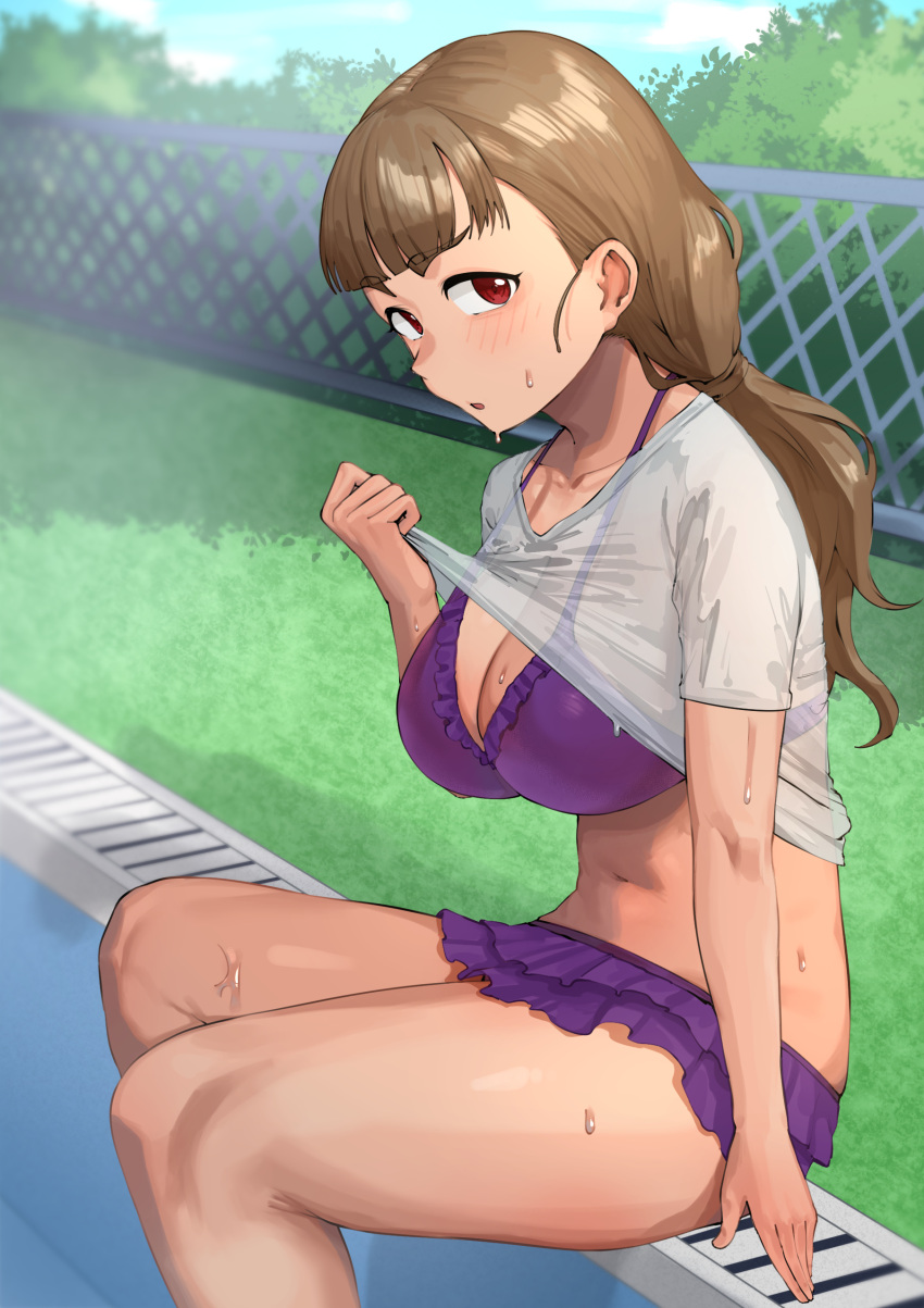 1girl, :o, absurdres, alternate_hairstyle, bangs, bikini, bikini_under_clothes, blunt_bangs, blush, breasts, brown_hair, clothes_lift, collarbone, feet_out_of_frame, fence, frilled_bikini, frills, highres, idolmaster, idolmaster_cinderella_girls, kamiya_nao, large_breasts, looking_at_viewer, looking_to_the_side, mikohachi, navel, outdoors, pool, poolside, purple_bikini, red_eyes, see-through, shirt, shirt_lift, short_sleeves, sideways_glance, sitting, solo, sweatdrop, swimsuit, thick_thighs, thighs, wet, wet_clothes, wet_shirt, white_shirt