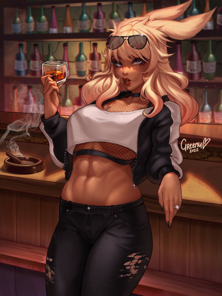 1girl, abs, absurdres, animal_ears, ashtray, avatar_(ff14), bar, blonde_hair