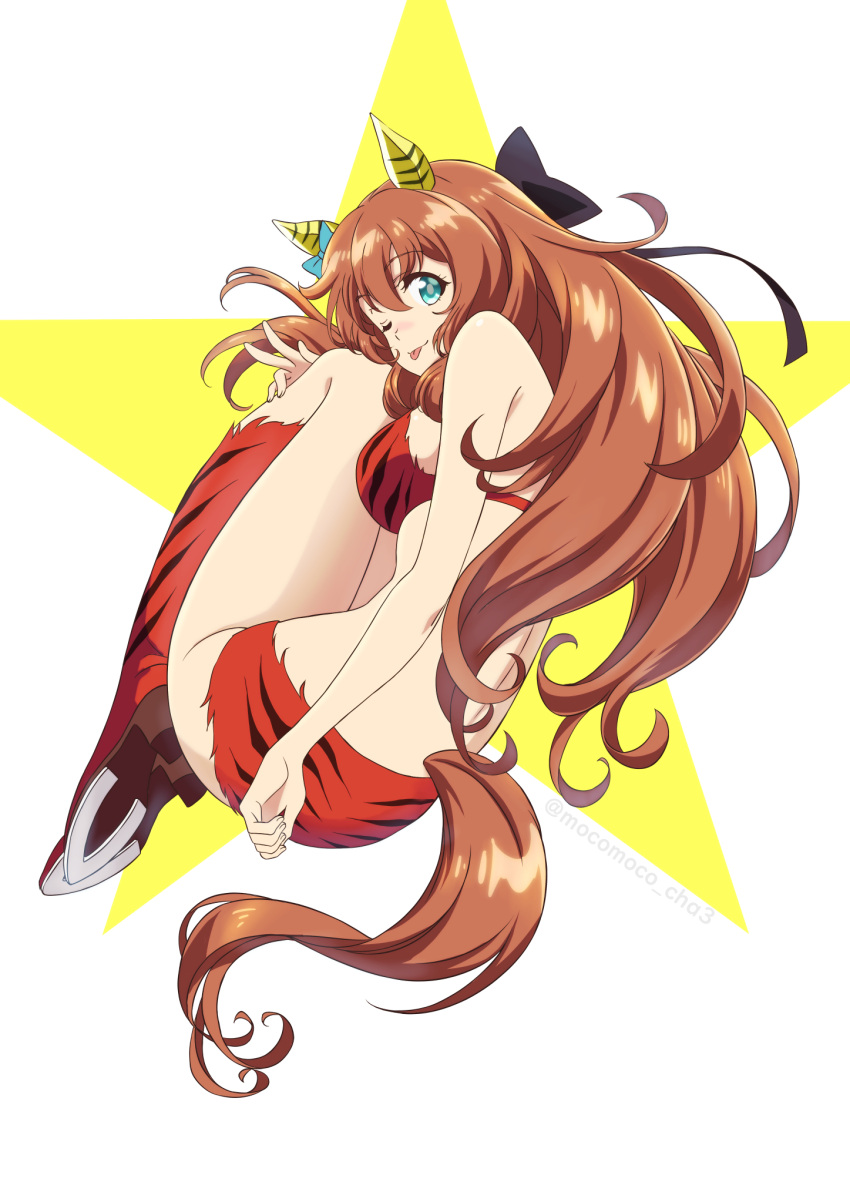 1girl, ;p, animal_ears, animal_print, back, bangs, bikini, black_bow
