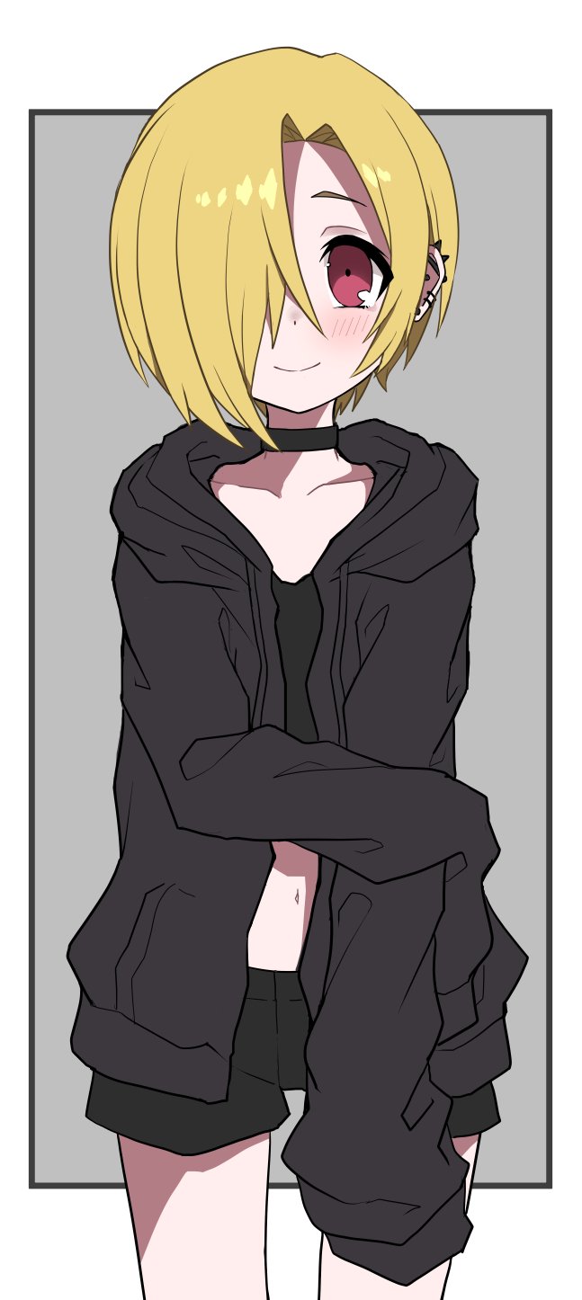 1girl, bangs, black_choker, black_jacket, black_shorts, black_tank_top, blonde_hair, blush