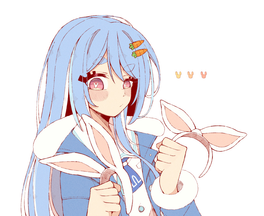 1girl, animal_ears, bangs, blue_hair, blue_jacket, blush, carrot_hair_ornament, closed_mouth