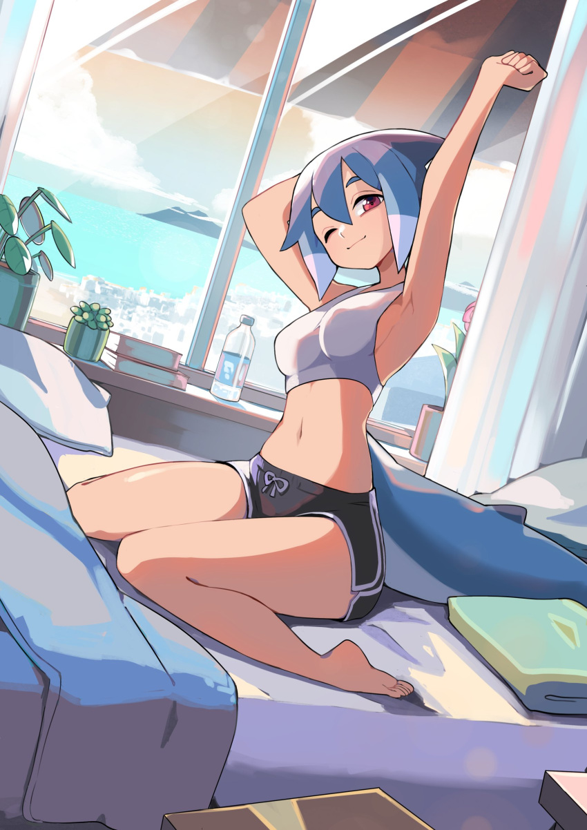 1girl, absurdres, armpits, arms_up, azuumori, bangs, barefoot, beach, bed, black_shorts, blue_hair, book, bottle, breasts, closed_mouth, clouds, cloudy_sky, commentary, day, dolphin_shorts, dutch_angle, english_commentary, fish_tail, full_body, gym_shorts, hair_between_eyes, highres, horizon, light_smile, linea_alba, looking_at_viewer, medium_breasts, medium_hair, multicolored_hair, navel, ocean, on_bed, one_eye_closed, original, pillow, plant, potted_plant, red_eyes, sand, shark_girl, shark_girl_(azuumori), shark_tail, shorts, sidelocks, sitting, sky, solo, sports_bra, stretch, tail, thick_eyebrows, two-tone_hair, wariza, water_bottle, white_curtains, white_hair, white_sports_bra, window