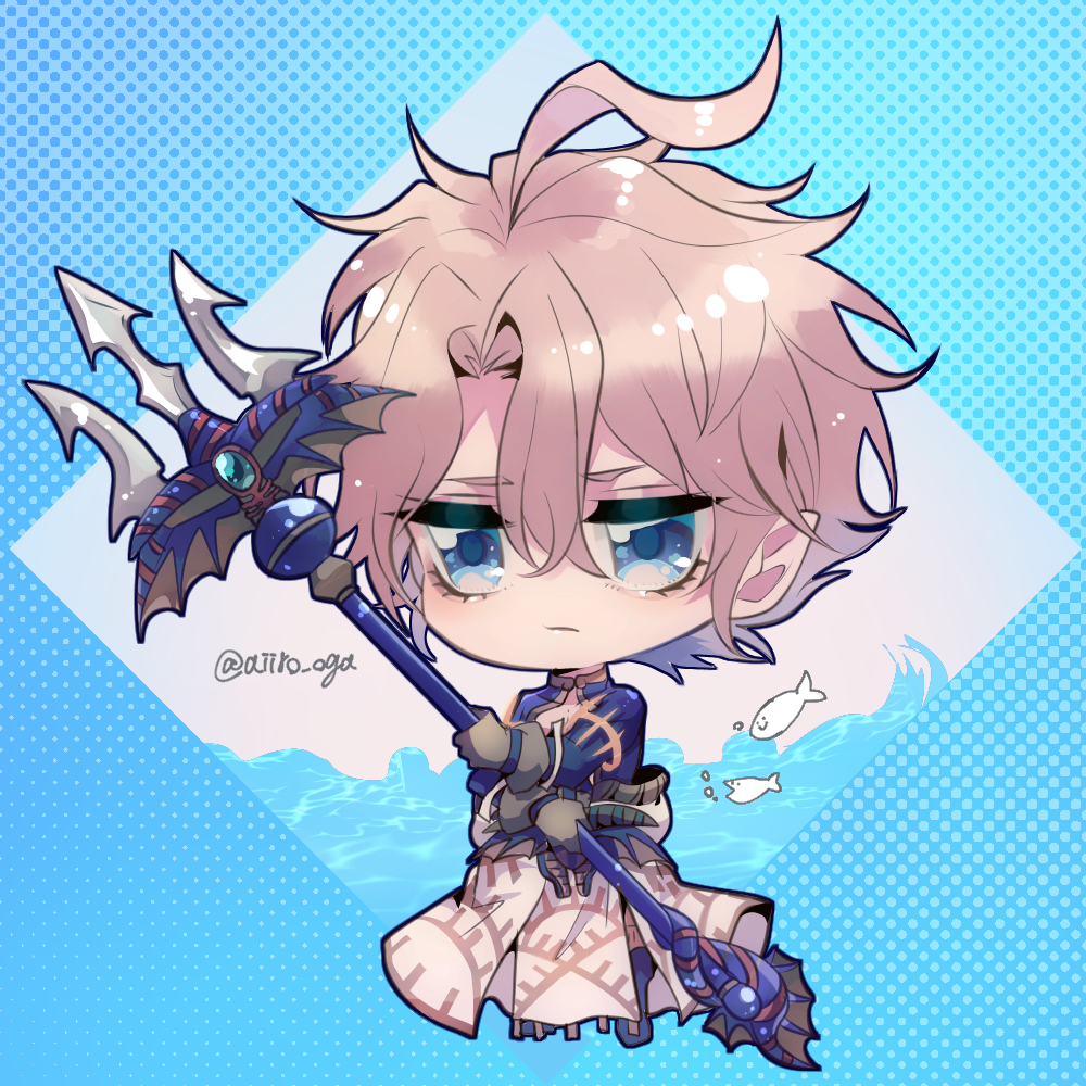 1boy, blonde_hair, blue_background, blue_eyes, chibi, fish, gloves, holding, holding_weapon, male_focus, polearm, poseidon_(shuumatsu), short_hair, shuumatsu_no_valkyrie, sirofuku414, solo, trident, weapon