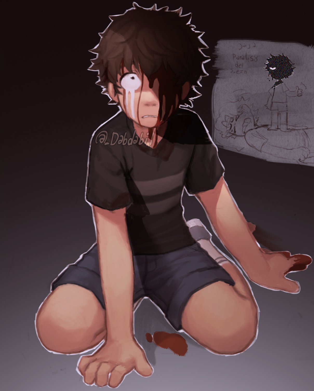 1boy, bleeding, blood, blood_on_face, brown_hair, crying_child_(fnaf), dabi_bill, deep_wound