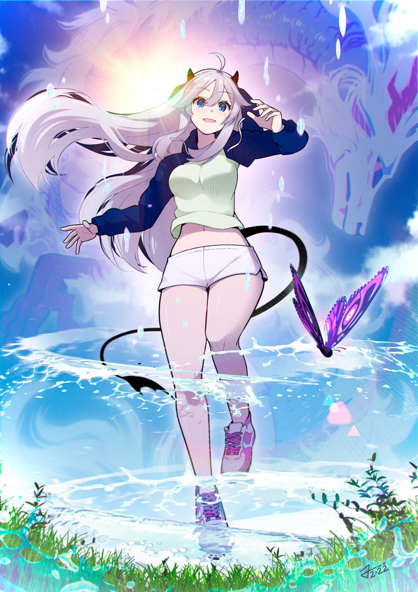 1girl, blue_eyes, breasts, bug, butterfly, clouds, dragon, english_commentary, eyebrows_visible_through_hair, floating_hair, grass, green_shirt, grey_hair, highres, jowa, long_hair, medium_breasts, navel, official_art, open_mouth, shirt, shoes, shorts, sky, smile, sneakers, solo, tail, vei_(vtuber), virtual_youtuber, vshojo, white_footwear, white_shorts